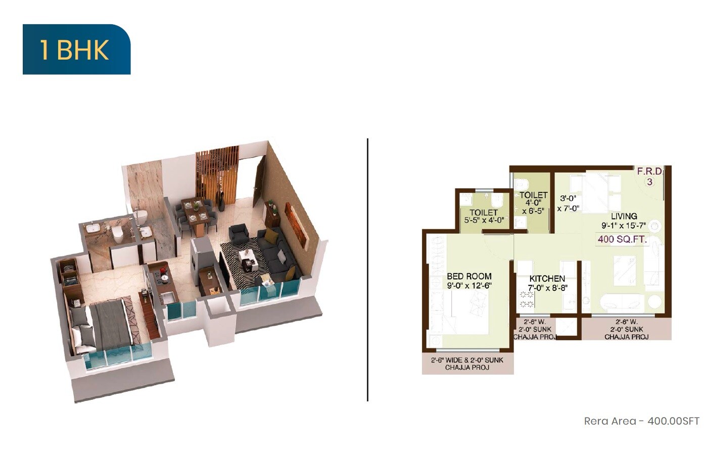 Floor plan of 1 BHK 400 Sq. Ft. Apartment in Jadeite Charkop Nandanvan CHS, Mumbai