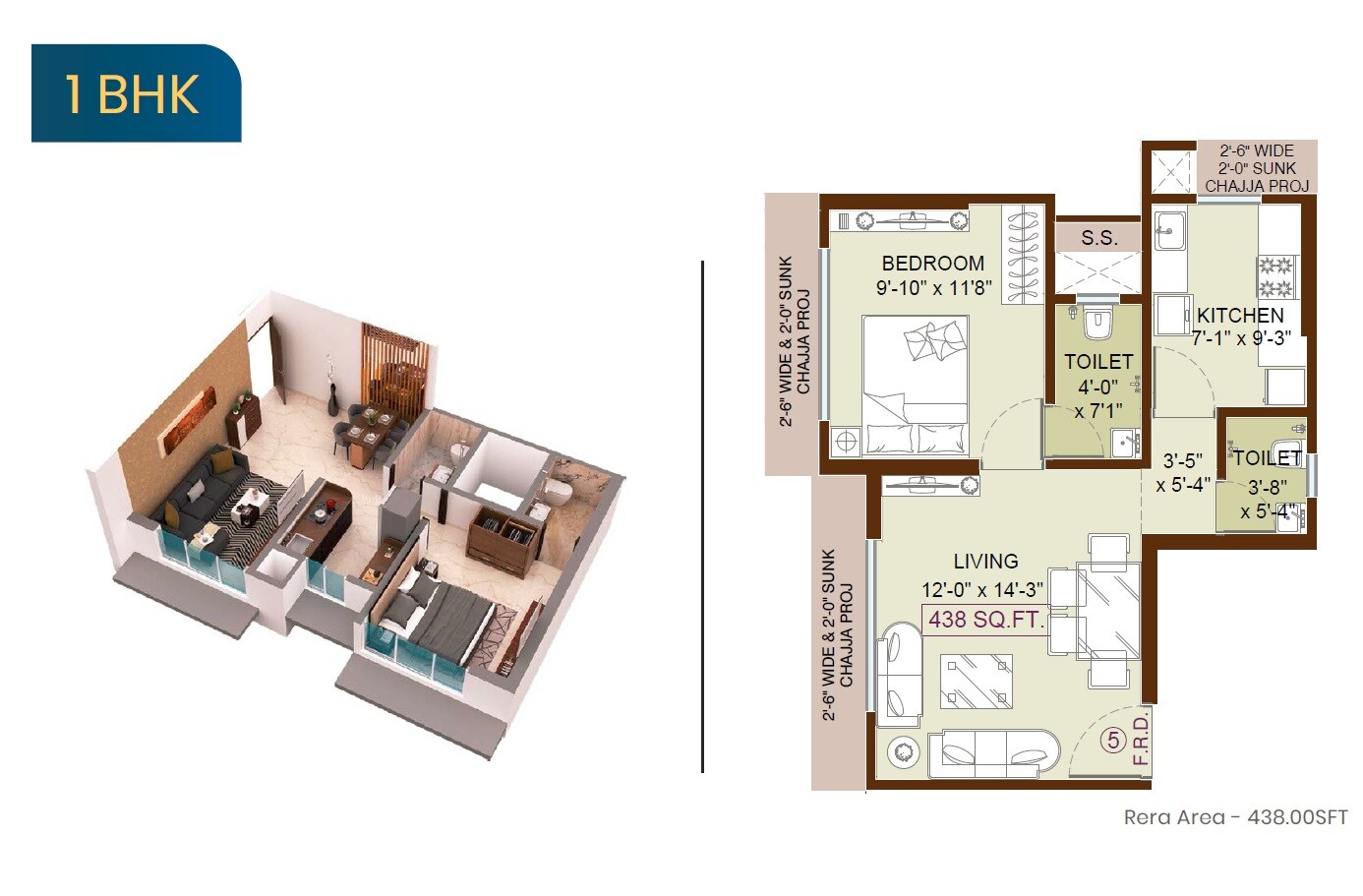 Floor plan of 1 BHK 438 Sq. Ft. Apartment in Jadeite Charkop Nandanvan CHS, Mumbai