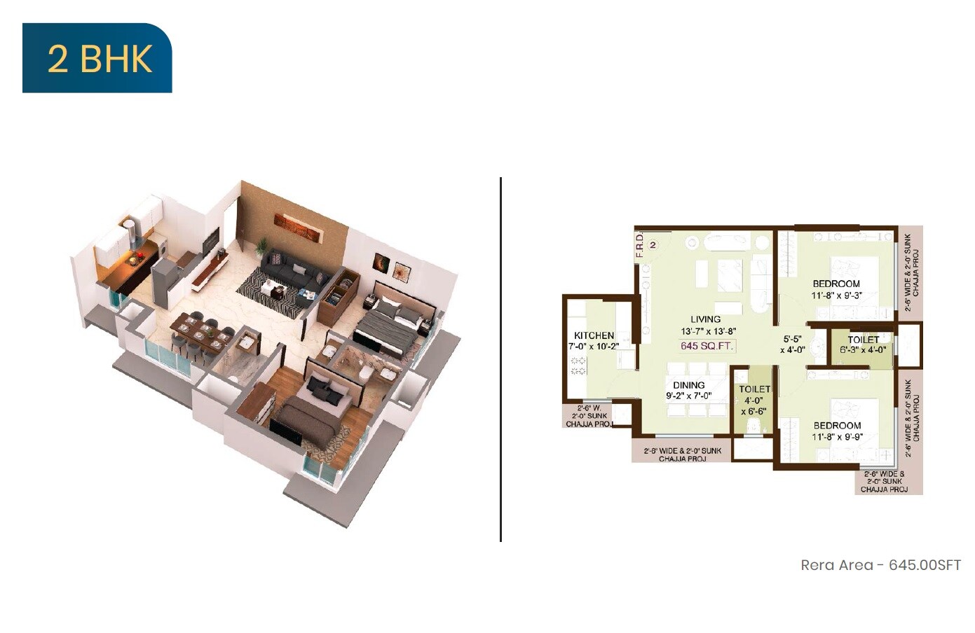 Floor plan of 2 BHK 645 Sq. Ft. Apartment in Jadeite Charkop Nandanvan CHS, Mumbai
