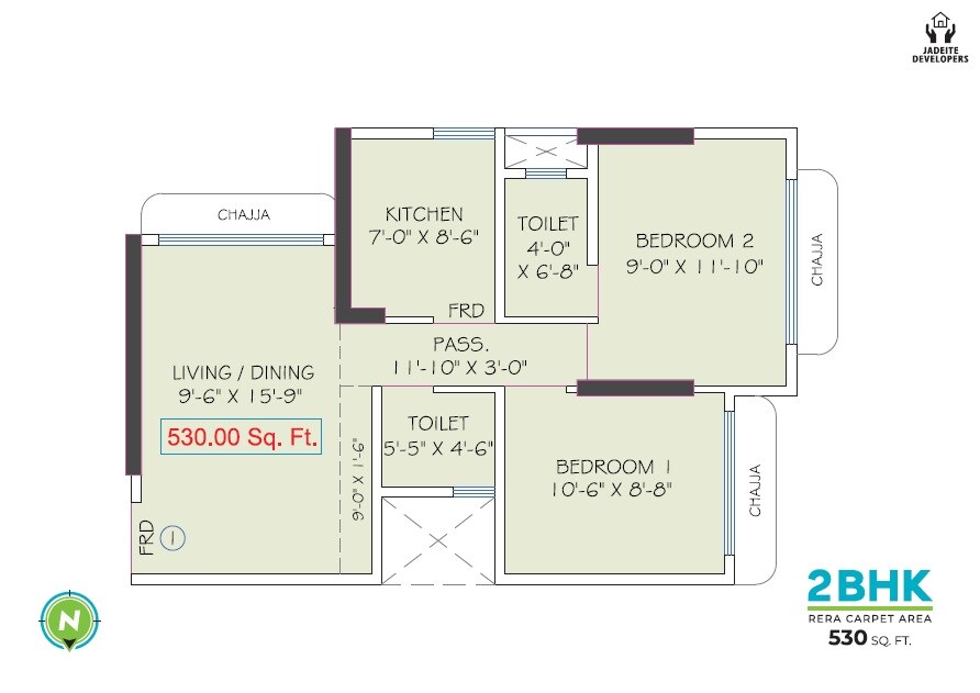 Floor plan of 2 BHK 530 Sq. Ft. Apartment in Jadeite Kaveri, Mumbai