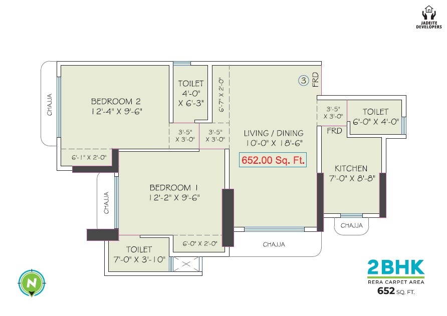Floor plan of 2 BHK 652 Sq. Ft. Apartment in Jadeite Kaveri, Mumbai