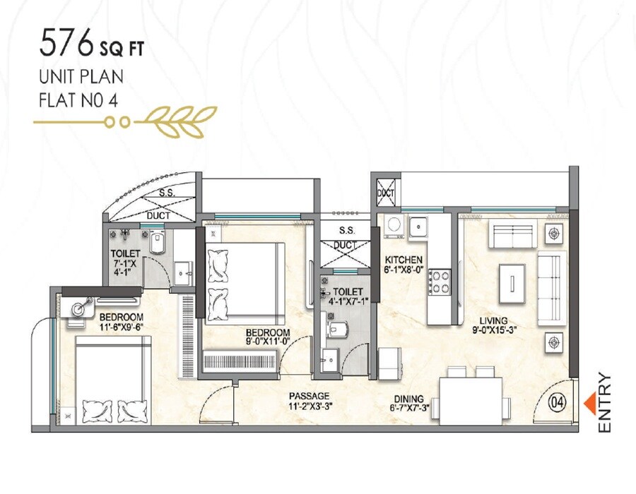 2 BHK 576 Sq. Ft. Apartment