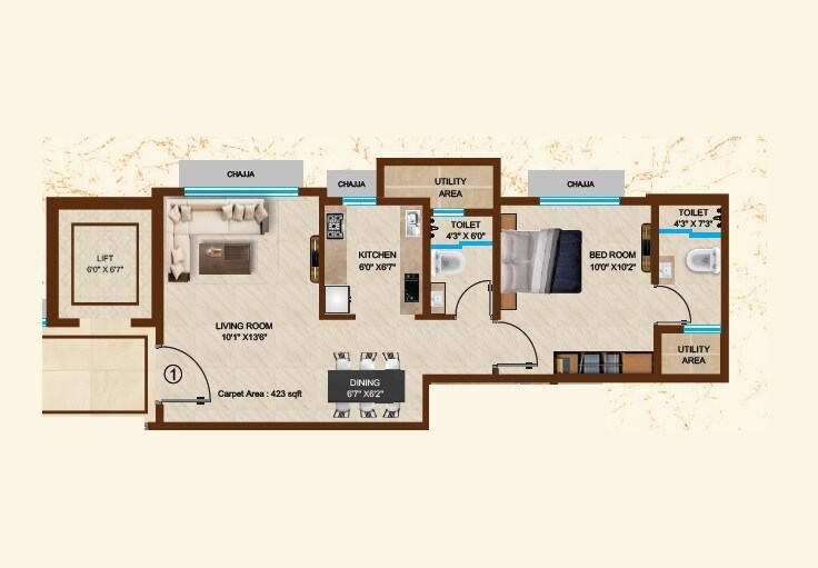Floor plan of 1 BHK 423 Sq. Ft. Apartment in Janki Heritage, Mumbai