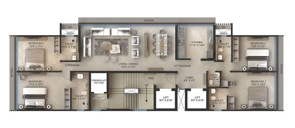 Floor plan of 4 BHK 1722 Sq. Ft. Apartment in Jasani Apollo Heights, Mumbai