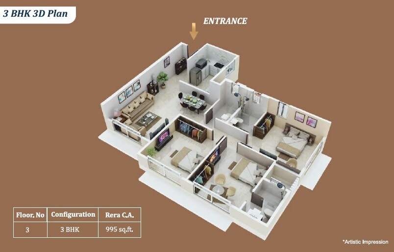 Floor plan of 3 BHK 995 Sq. Ft. Apartment in Jasani Scorpio, Mumbai