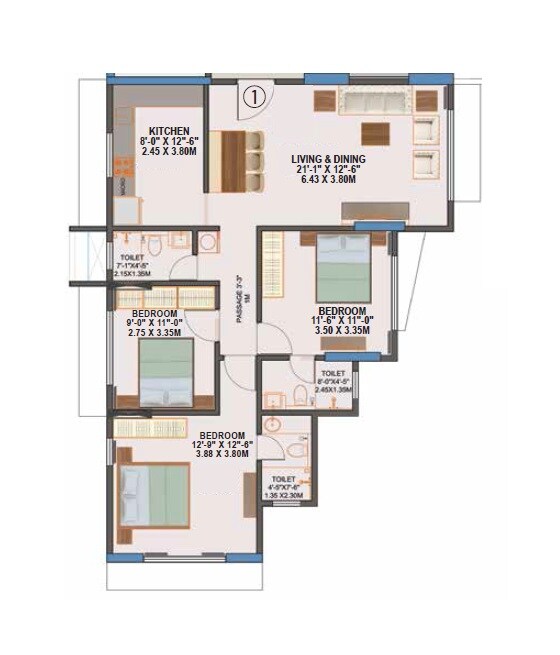 Floor plan of 3 BHK 1076 Sq. Ft. Apartment in Jay Bandhu Apartment, Mumbai