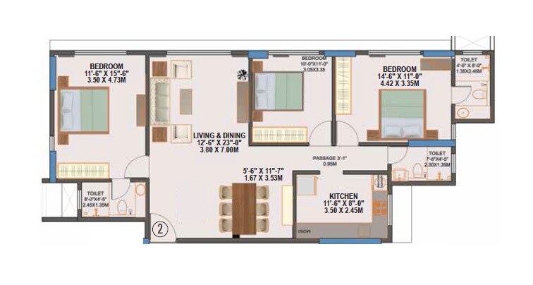 Floor plan of 3 BHK 955 Sq. Ft. Apartment in Jay Bandhu Apartment, Mumbai