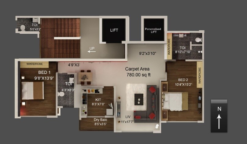 Floor plan of 2 BHK 780 Sq. Ft. Apartment in Jaycee Bhagtani Elegance, Mumbai