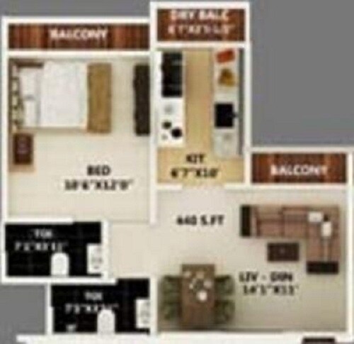 Floor plan of 1 BHK 705 Sq. Ft. Apartment in Jaycee Bhagtani Elita, Mumbai