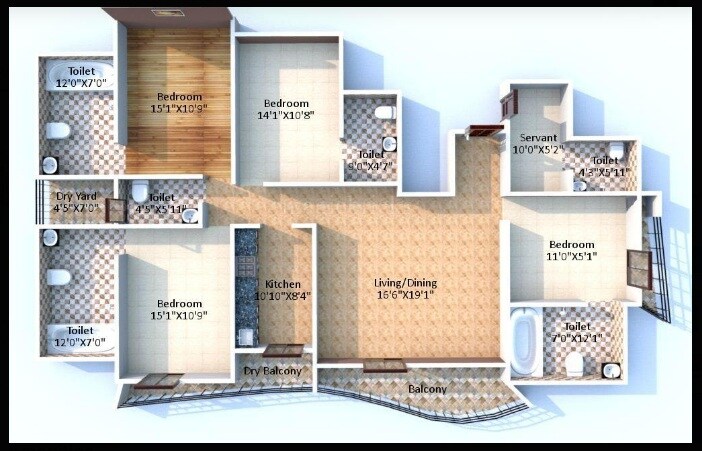 Floor plan of 5 BHK 3000 Sq. Ft. Apartment in Jaycee Bhagtani Solitaire, Mumbai