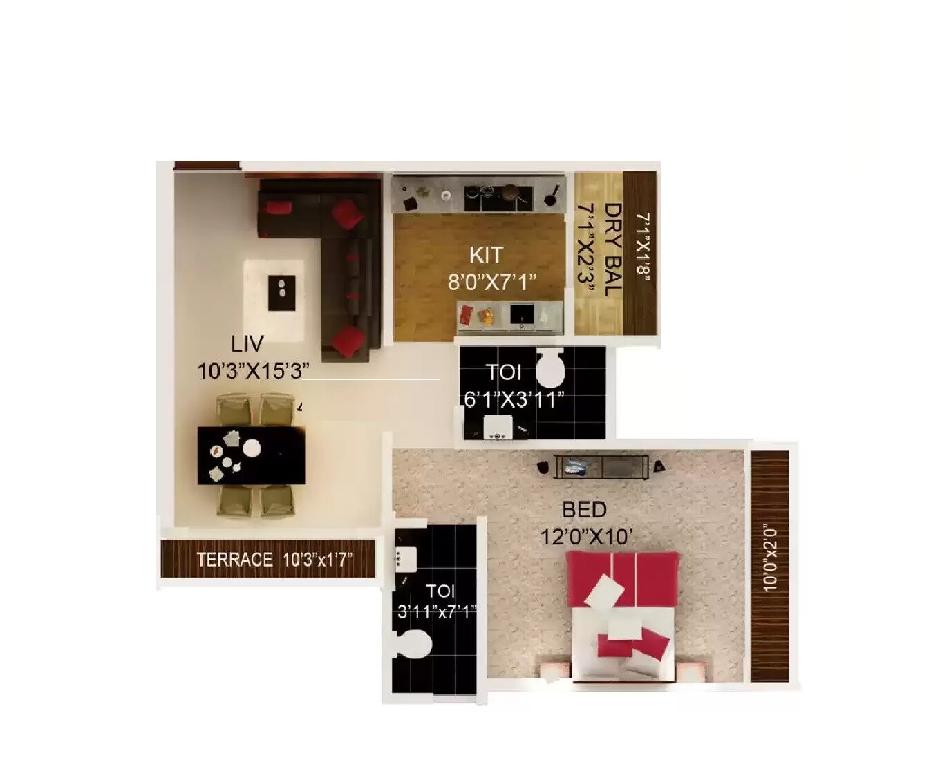 Floor plan of 1 BHK 705 Sq. Ft. Apartment in Jaycee Horizon, Mumbai