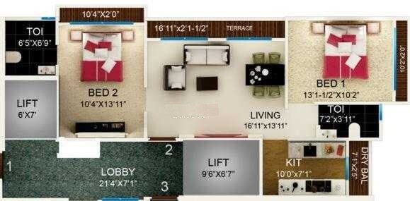 Floor plan of 2 BHK 730 Sq. Ft. Apartment in Jaycee Horizon, Mumbai