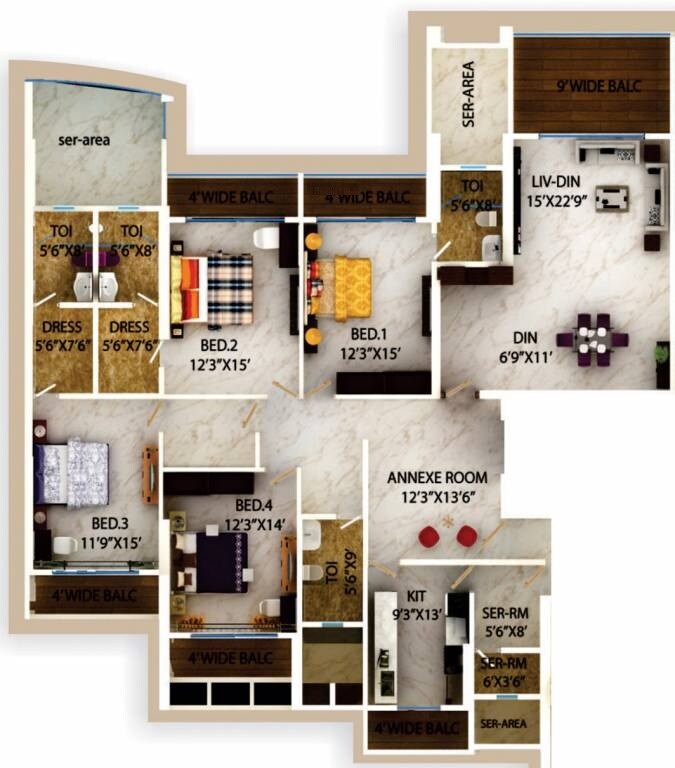 Floor plan of 4 BHK 2507 Sq. Ft. Apartment in Jaycee Krishaang, Mumbai