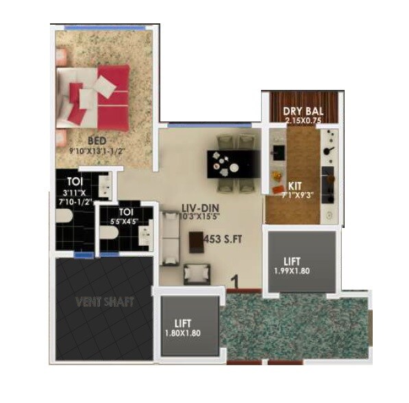 Floor plan of 1 BHK 453 Sq. Ft. Apartment in Jaycee Serenity, Mumbai