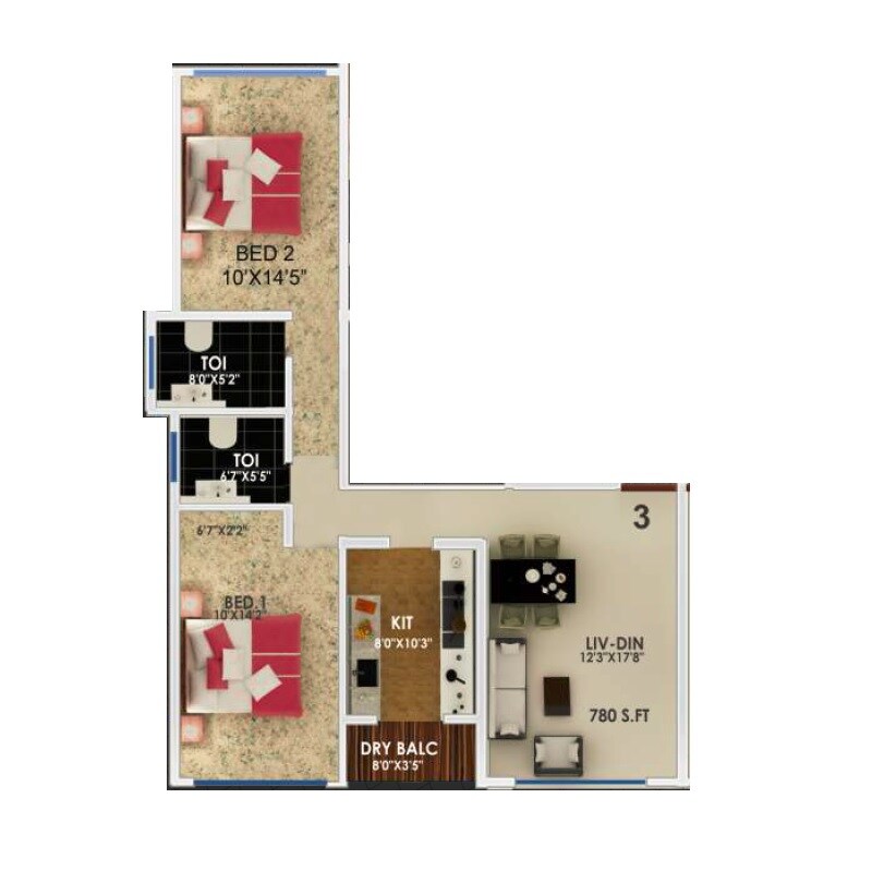 Floor plan of 2 BHK 780 Sq. Ft. Apartment in Jaycee Serenity, Mumbai