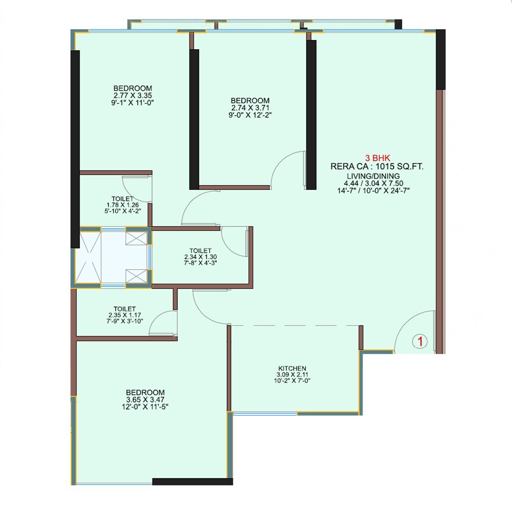 3 BHK 1015 Sq. Ft. Apartment