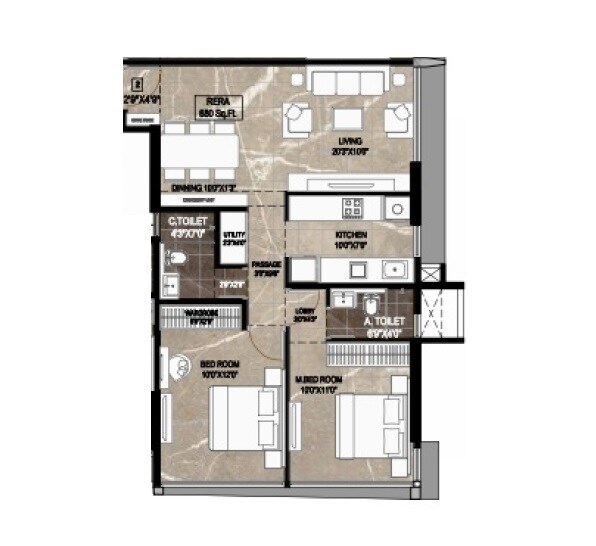 Floor plan of 2 BHK 690 Sq. Ft. Apartment in Jaydeep Elanza, Mumbai