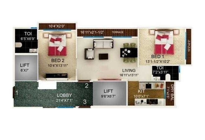 Floor plan of 2 BHK 730 Sq. Ft. Apartment in JC Horizon, Mumbai