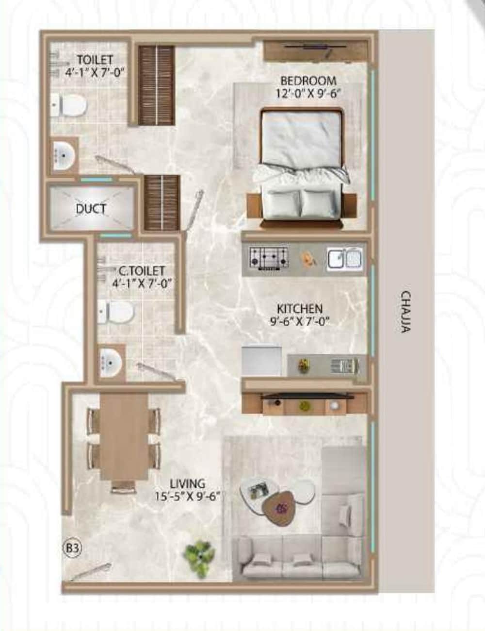 1 BHK 405 Sq. Ft. Apartment