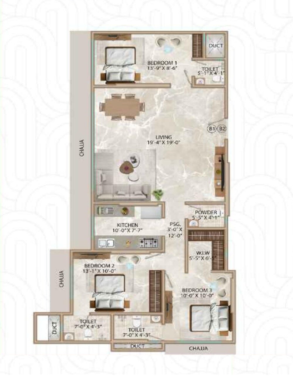 3 BHK 1050 Sq. Ft. Apartment