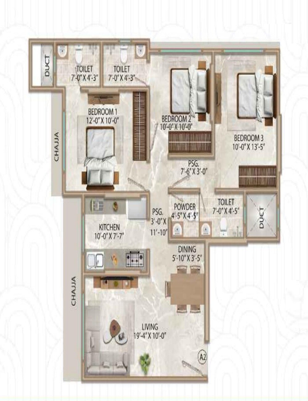Floor plan of 3 BHK 880 Sq. Ft. Apartment in JDJ Jewel, Mumbai