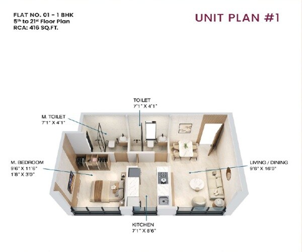 Floor plan of 1 BHK 416 Sq. Ft. Apartment in JDN Aura, Mumbai