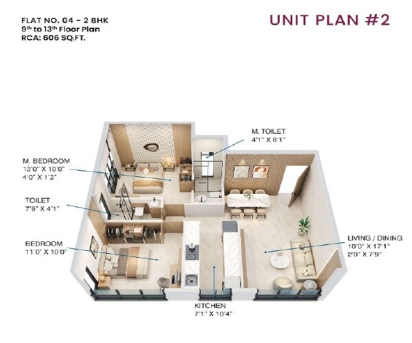 Floor plan of 2 BHK 606 Sq. Ft. Apartment in JDN Aura, Mumbai