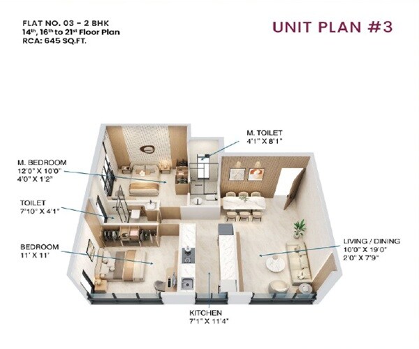 Floor plan of 2 BHK 645 Sq. Ft. Apartment in JDN Aura, Mumbai
