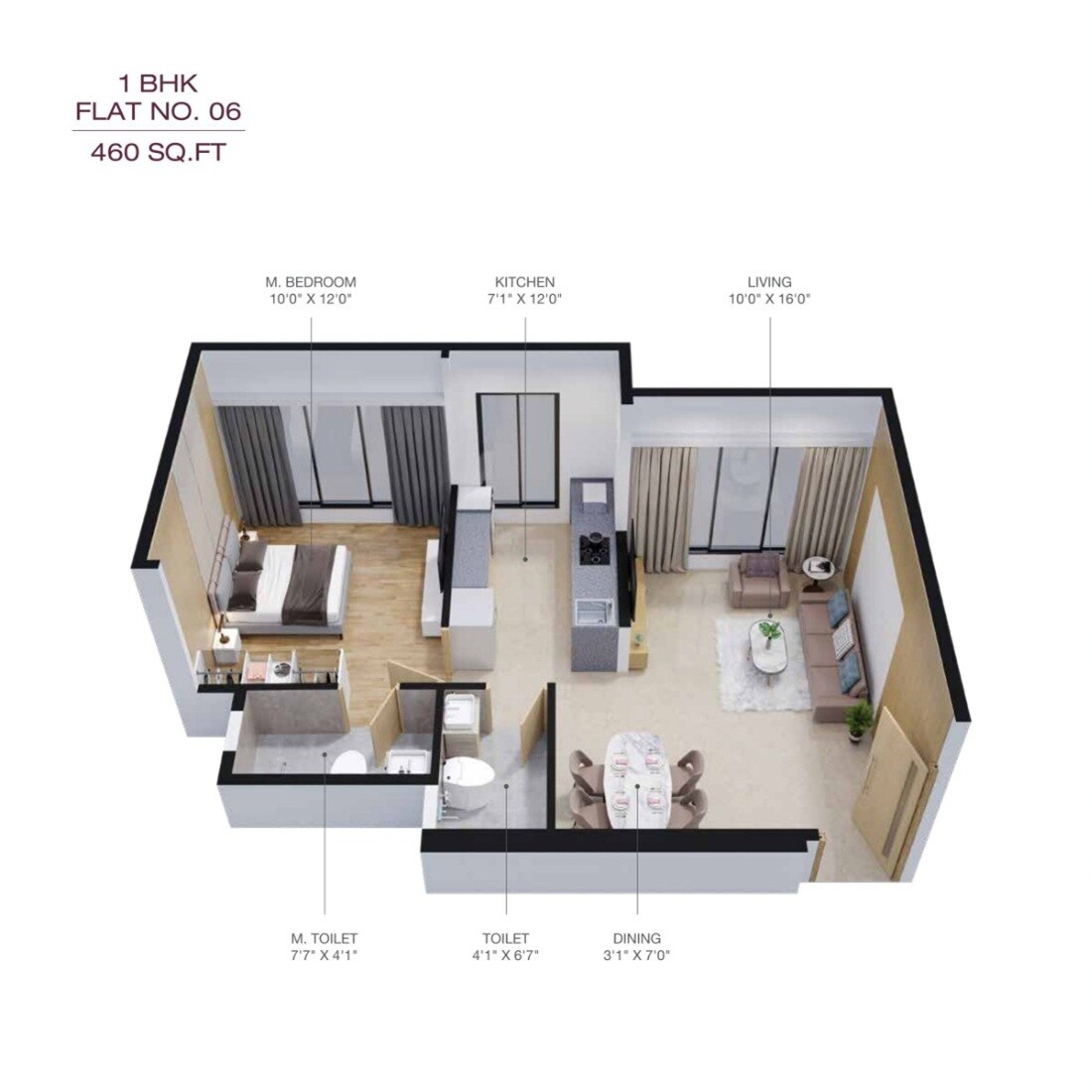 Floor plan of 1 BHK 460 Sq. Ft. Apartment in JDN Cornerstone, Mumbai