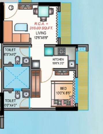 Floor plan of 1 BHK 310 Sq. Ft. Apartment in Je and Vee Kedarnath, Mumbai