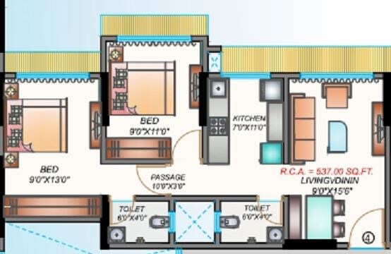 Floor plan of 2 BHK 537 Sq. Ft. Apartment in Je and Vee Kedarnath, Mumbai