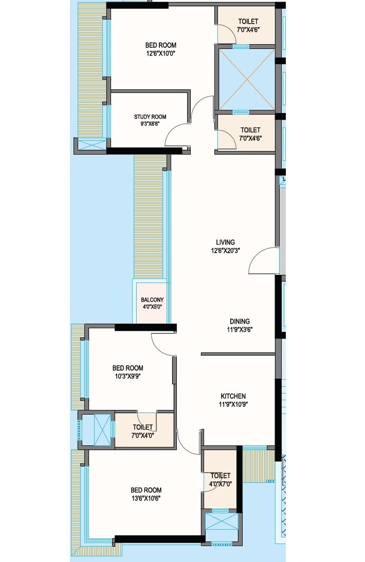 Floor plan of 3 BHK Apartment - 1045 sq. ft. in Je and Vee Madhuban, Mumbai