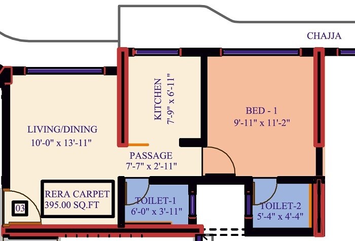 Floor plan of 1 BHK 395 Sq. Ft. Apartment in Je And Vee Om Trimurti, Mumbai