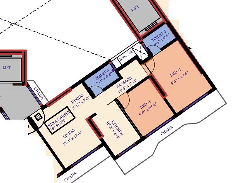 Floor plan of 2 BHK 591 Sq. Ft. Apartment in Je And Vee Om Trimurti, Mumbai