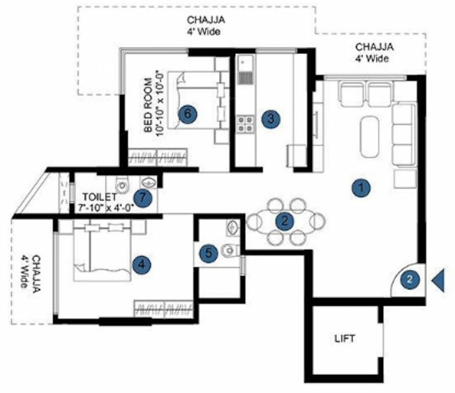 Floor plan of 2 BHK 687 Sq. Ft. Apartment in Je And Vee Om Trimurti, Mumbai
