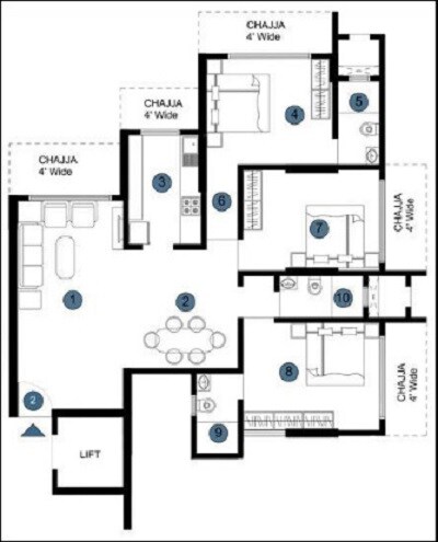 Floor plan of 3 BHK 941 Sq. Ft. Apartment in Je And Vee Om Trimurti, Mumbai