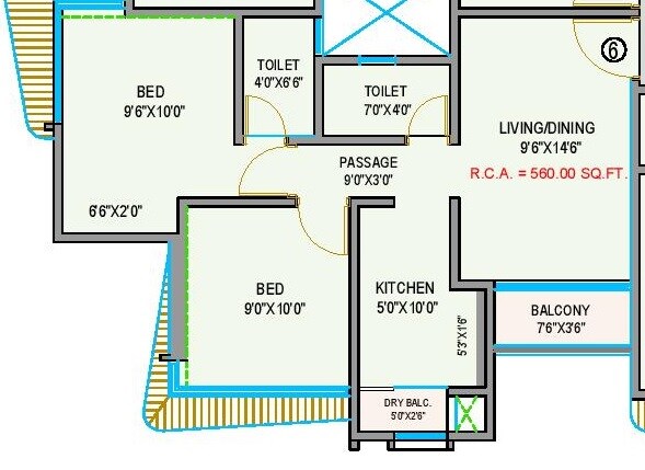 Floor plan of 2 BHK 560 Sq. Ft. Apartment in Je And Vee Shiv Krupa, Mumbai