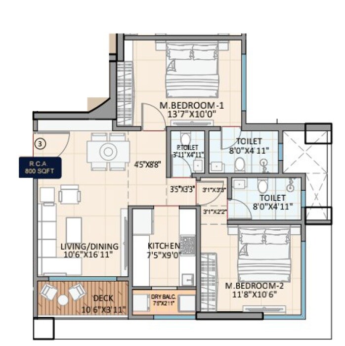 Floor plan of 2 BHK 800 Sq. Ft. Apartment in Je and Vee Shree Gopaldham, Mumbai