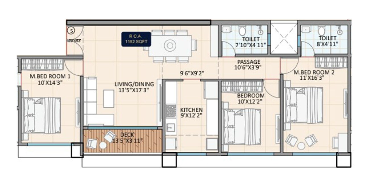 Floor plan of 3 BHK 1152 Sq. Ft. Apartment in Je and Vee Shree Gopaldham, Mumbai