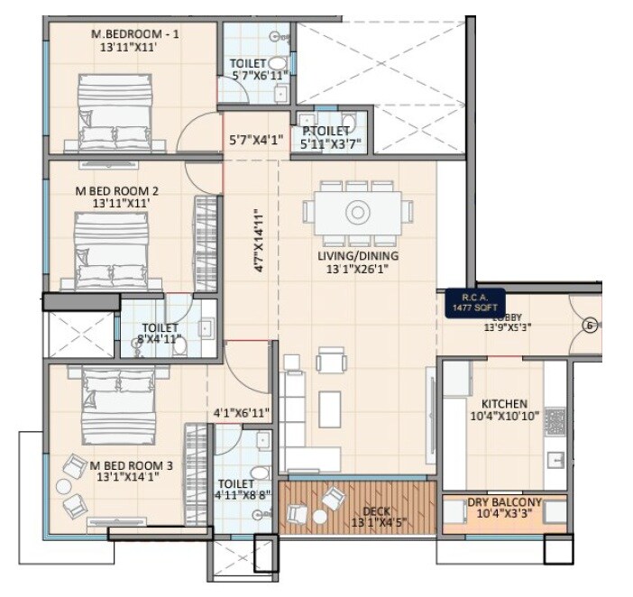 Floor plan of 3 BHK 1477 Sq. Ft. Apartment in Je and Vee Shree Gopaldham, Mumbai