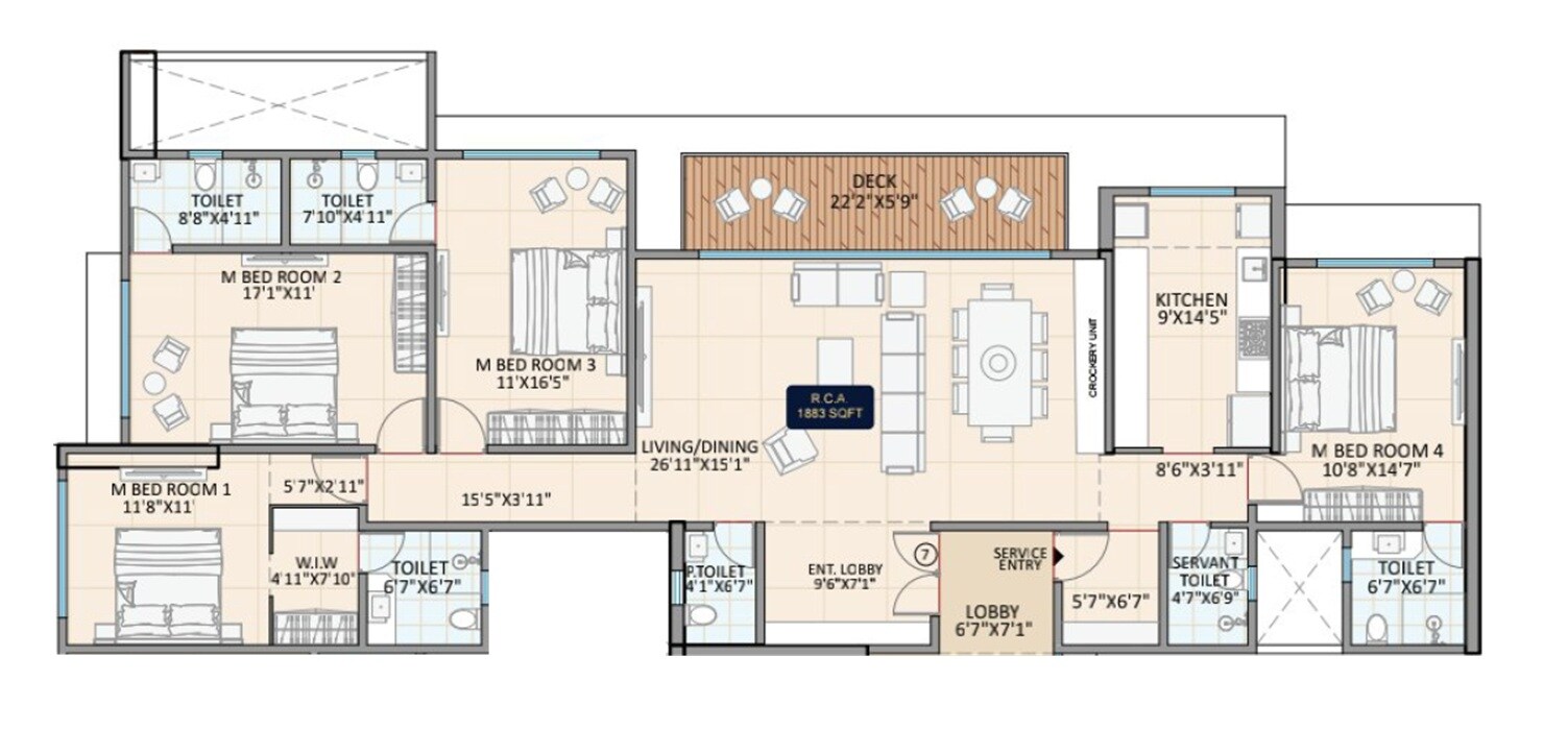 Floor plan of 4 BHK 1833 Sq. Ft. Apartment in Je and Vee Shree Gopaldham, Mumbai