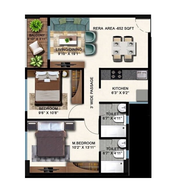 2 BHK 652 Sq. Ft. Apartment