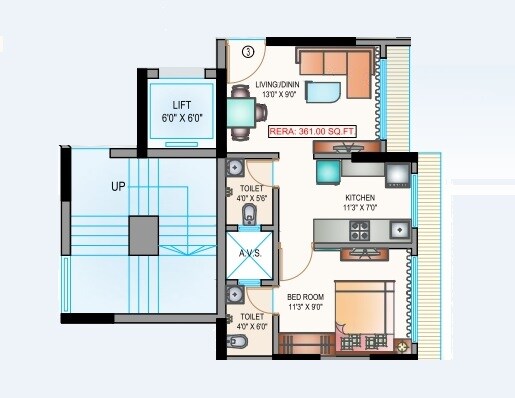 Floor plan of 1 BHK 361 Sq. Ft. Apartment in Je And Vee Vishwanath, Mumbai