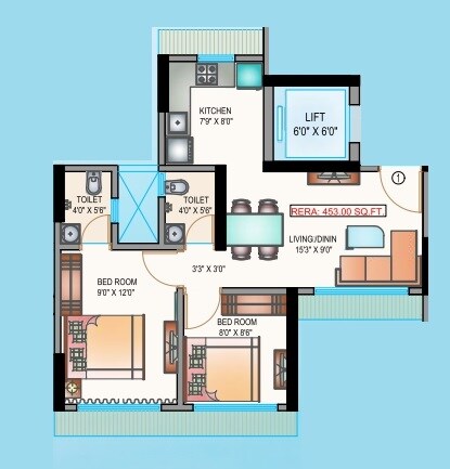 Floor plan of 2 BHK 453 Sq. Ft. Apartment in Je And Vee Vishwanath, Mumbai