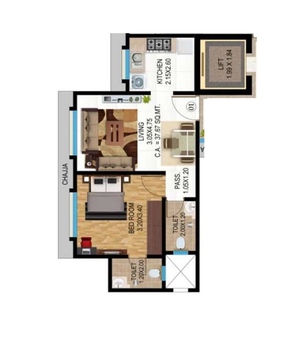 Floor plan of 1 BHK 404 Sq. Ft. Apartment in Je and Vee Vrindavan, Mumbai