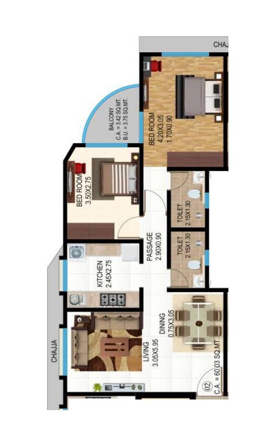 Floor plan of 2 BHK 712 Sq. Ft. Apartment in Je and Vee Vrindavan, Mumbai