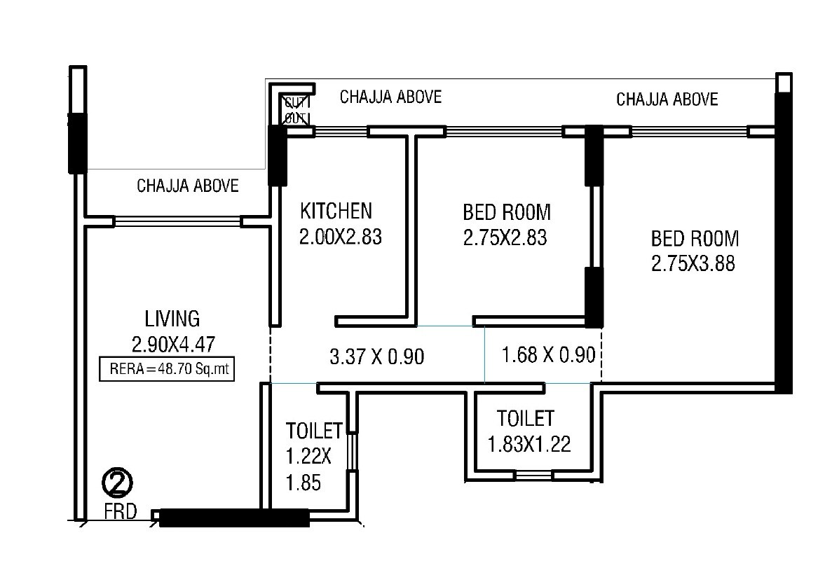 Floor plan of 2 BHK 525 Sq. Ft. Apartment in JEM Mininagar, Mumbai