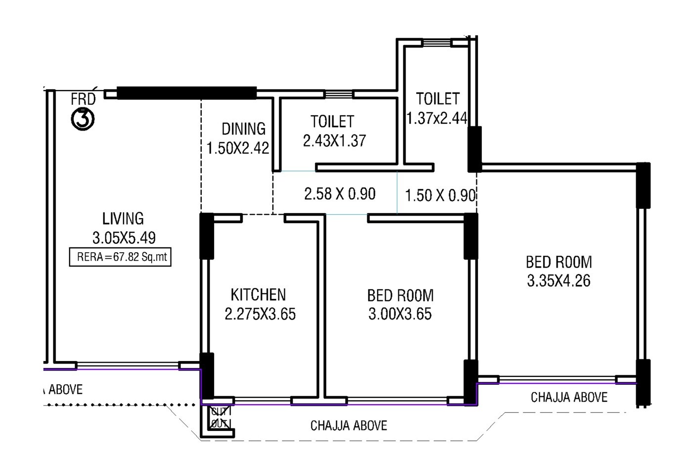 Floor plan of 2 BHK 730 Sq. Ft. Apartment in JEM Mininagar, Mumbai