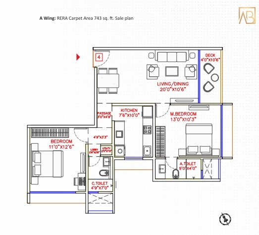 Floor plan of 2 BHK 743 Sq. Ft. Apartment in Jet Anand Bhawan, Mumbai