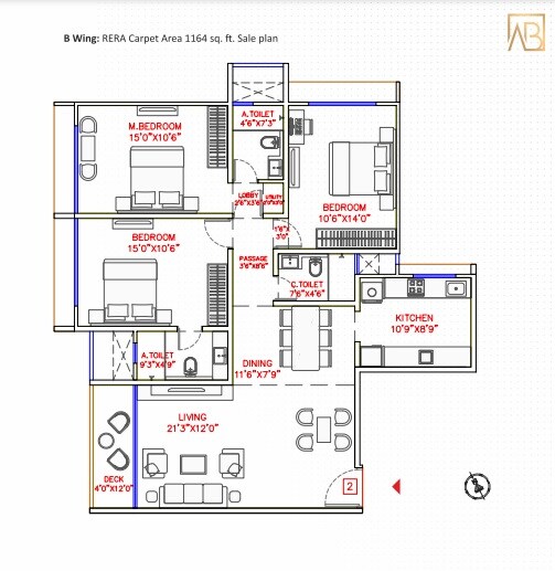 Floor plan of 3 BHK 1164 Sq. Ft. Apartment in Jet Anand Bhawan, Mumbai